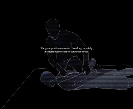 Line drawing on a black background shows one figure restraining another figure that is face down on the ground. Text on the image reads, "The prone position can restrict breathing, especially if officers put pressure on the person's back."