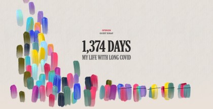 Multicolored paint on a tan background. Title reads, "1,374 Days: My Life with Long COVID"