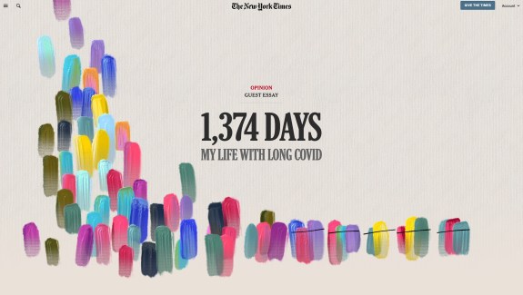 Multicolored paint on a tan background. Title reads, "1,374 Days: My Life with Long COVID"