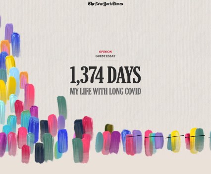 Multicolored paint on a tan background. Title reads, "1,374 Days: My Life with Long COVID"