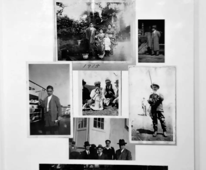 A collage of black and white images showing various people posing for portraits