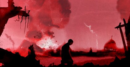 Image with red overlay shows two figures silhouetted by a large explosion and cloud of smoke in the distance