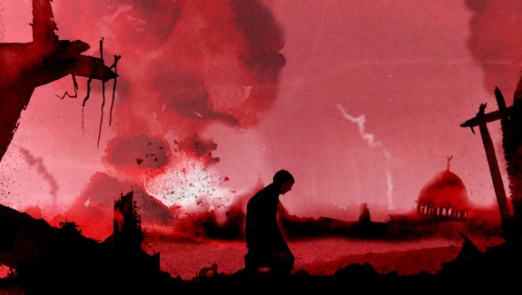 Image with red overlay shows two figures silhouetted by a large explosion and cloud of smoke in the distance