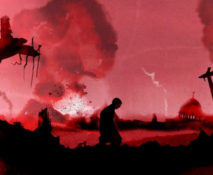 Image with red overlay shows two figures silhouetted by a large explosion and cloud of smoke in the distance