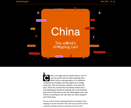 Screenshot from newspiece shows large header image of an orange box on a black background. Text on the box says, "China The World's Shopping Cart"