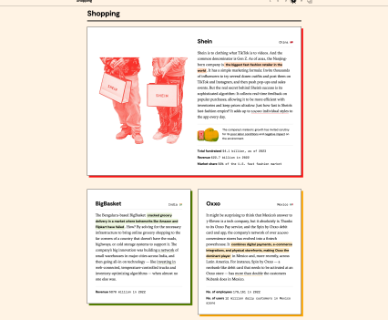 Screenshot from newspiece shows information boxes for Shein, BigBasket, and Oxxo