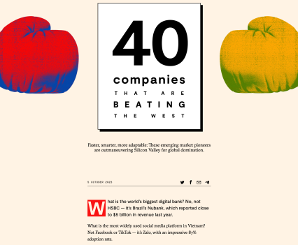 Screenshot from newspiece shows a red illustration of a boxing glove on the left, a yellow boxing glove on the right, and a title card in the middle which reads, "40 companies that are beating the west"