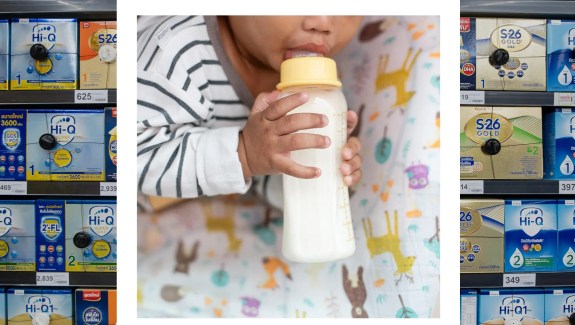 Rows of boxes of formula stock store shelves in the background. Over the top is a portrait of a baby drinking from a baby bottle