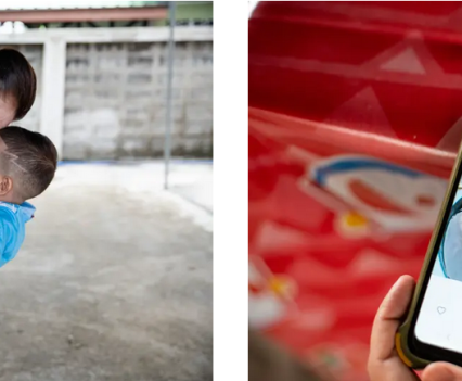 Split image. On the left a woman holds a laughing toddler. On the right an image of an overweight toddler is shown on a cellphone over a red background