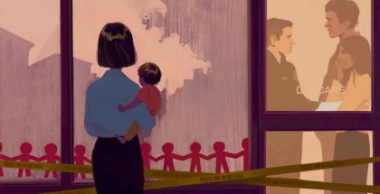 Illustration of a mother holding her child in front of a daycare surrounded by police tape. Inside the daycare through a window, two parents are seen speaking to a third person, with shock and desperation on their faces.