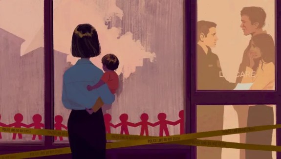 Illustration of a mother holding her child in front of a daycare surrounded by police tape. Inside the daycare through a window, two parents are seen speaking to a third person, with shock and desperation on their faces.