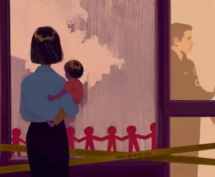 Illustration of a mother holding her child in front of a daycare surrounded by police tape. Inside the daycare through a window, two parents are seen speaking to a third person, with shock and desperation on their faces.