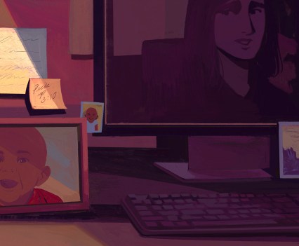 Illustration of a parent's desk with photos of their child and a post-it that reads 'pick up 3:10.' In the reflection of the desktop computer, the parent can be seen smiling while looking at a picture of her child.