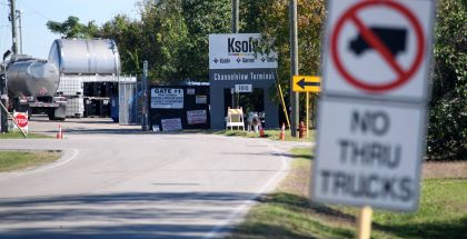 A tanker truck waits to be loaded with chemicals at K-Solv, a chemical distribution company nestled in a residential area in Channelview, Texas.