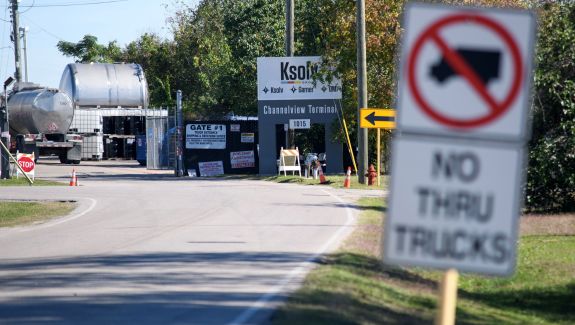 A tanker truck waits to be loaded with chemicals at K-Solv, a chemical distribution company nestled in a residential area in Channelview, Texas.