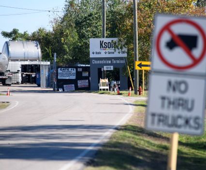 A tanker truck waits to be loaded with chemicals at K-Solv, a chemical distribution company nestled in a residential area in Channelview, Texas.