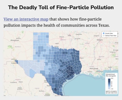 A still image of an interactive map of the state of Texas. Title on the map reads, "The Deadly Toll of Fine-Particle Pollution"