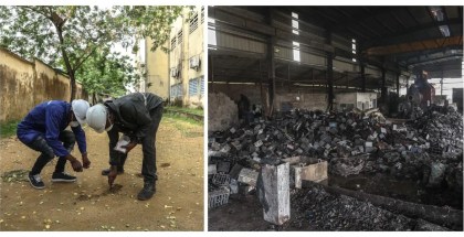 Split image. On the left two people are bent over scraping at the dirt at their feet. On the right a building is full of piles of debris