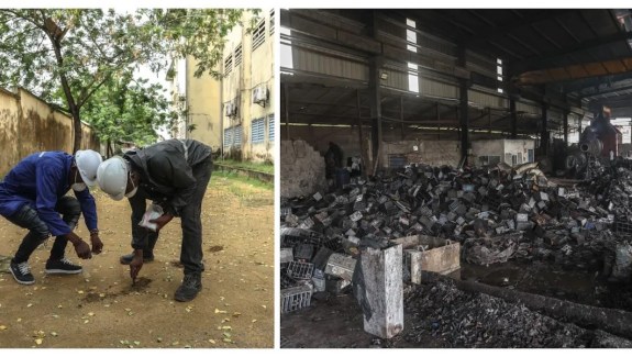 Split image. On the left two people are bent over scraping at the dirt at their feet. On the right a building is full of piles of debris