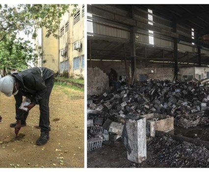 Split image. On the left two people are bent over scraping at the dirt at their feet. On the right a building is full of piles of debris