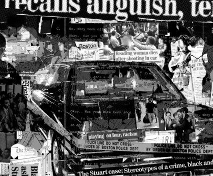 A black and white collage of images from the case, featureing the back of a car with police tape around it, overlayed with newspaper headlines and other case images