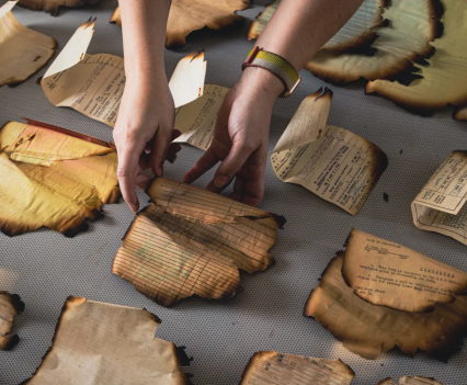 Hands carefully touch pieces of a burned document