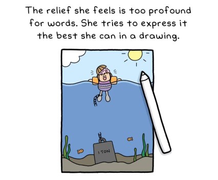 An illustration of a smiling Cartoon Amanda floating on top of the sea while the sun shines down and a one-ton weight has sunk to the sea floor.