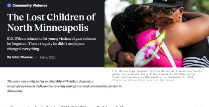 Screenshot from a news article shows an image of a man and woman hugging. The title of the article says, "The Lost Children of North Minneapolis"