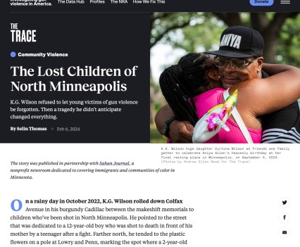 Screenshot from a news article shows an image of a man and woman hugging. The title of the article says, "The Lost Children of North Minneapolis"