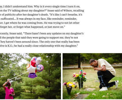 Screenshot from a news article shows two images. On the left a woman in a pink shirt holds a bunch of mylar balloons. On the right a man in a t-shirt and black pants kneels by a grave decorated with fresh flowers