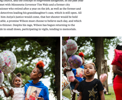 Screenshot from a news article shows two images. On the left a woman in a blue hoodie holds a toddler on her hip and has the string of a balloon in each hand. On the right a young girl stands in the grass holding the strings of a bunch of balloons as she looks upward