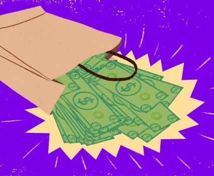 Illustration of a bag of money on its side. Green money spills out of the bag on a purple background