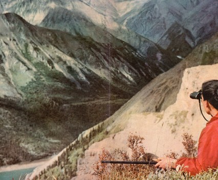 A woman in a red jacket faces away from the camera and uses binoculars to look out over mountains