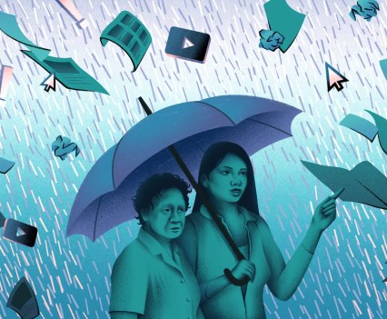 Illustration of a young Asian woman holding an umbrella while walking with an older Asian woman; both are being shielded by falling exclamation points and YouTube thumbnails