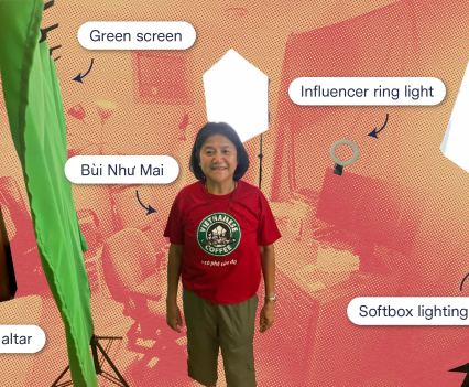 Wide-angle photo of Bùi Như Mai at her home, with annotations pointing to an ancestral altar, a green screen, Mai, an influencer ring light and softbox lighting