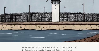 Title card for the comic shows an illustration of a prison guard tower and fence next to water. Title reads, "In Harm's Way"