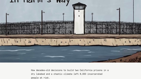 Title card for the comic shows an illustration of a prison guard tower and fence next to water. Title reads, "In Harm's Way"