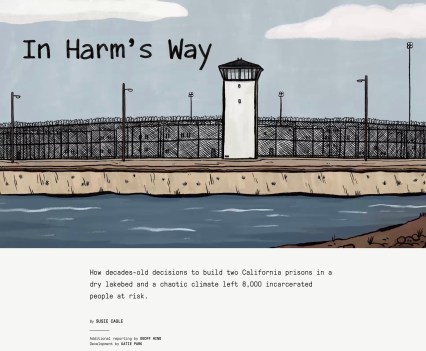 Title card for the comic shows an illustration of a prison guard tower and fence next to water. Title reads, "In Harm's Way"