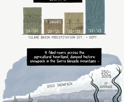 A chart in the shape of a mountain shows historic snowpack in the Sierra Nevadas 250-300% of average. The water flowed down to fill the dry lakebed where the two prisons stood for decades.