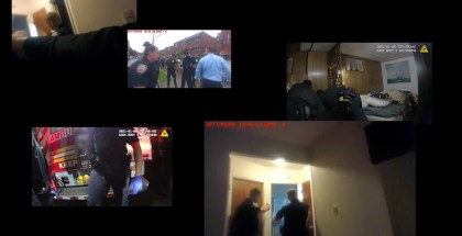 Collage of images of police officers taken from security cameras and body cameras