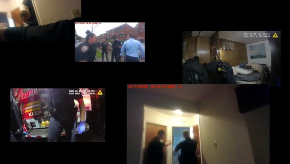 Collage of images of police officers taken from security cameras and body cameras