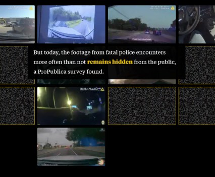 Still image of various boxes, some showing static and others showing footage from officer body cameras